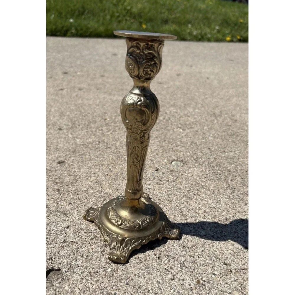 Vintage Brass Candlestick Rococo Baroque Floral Taper India Victorian Heavy